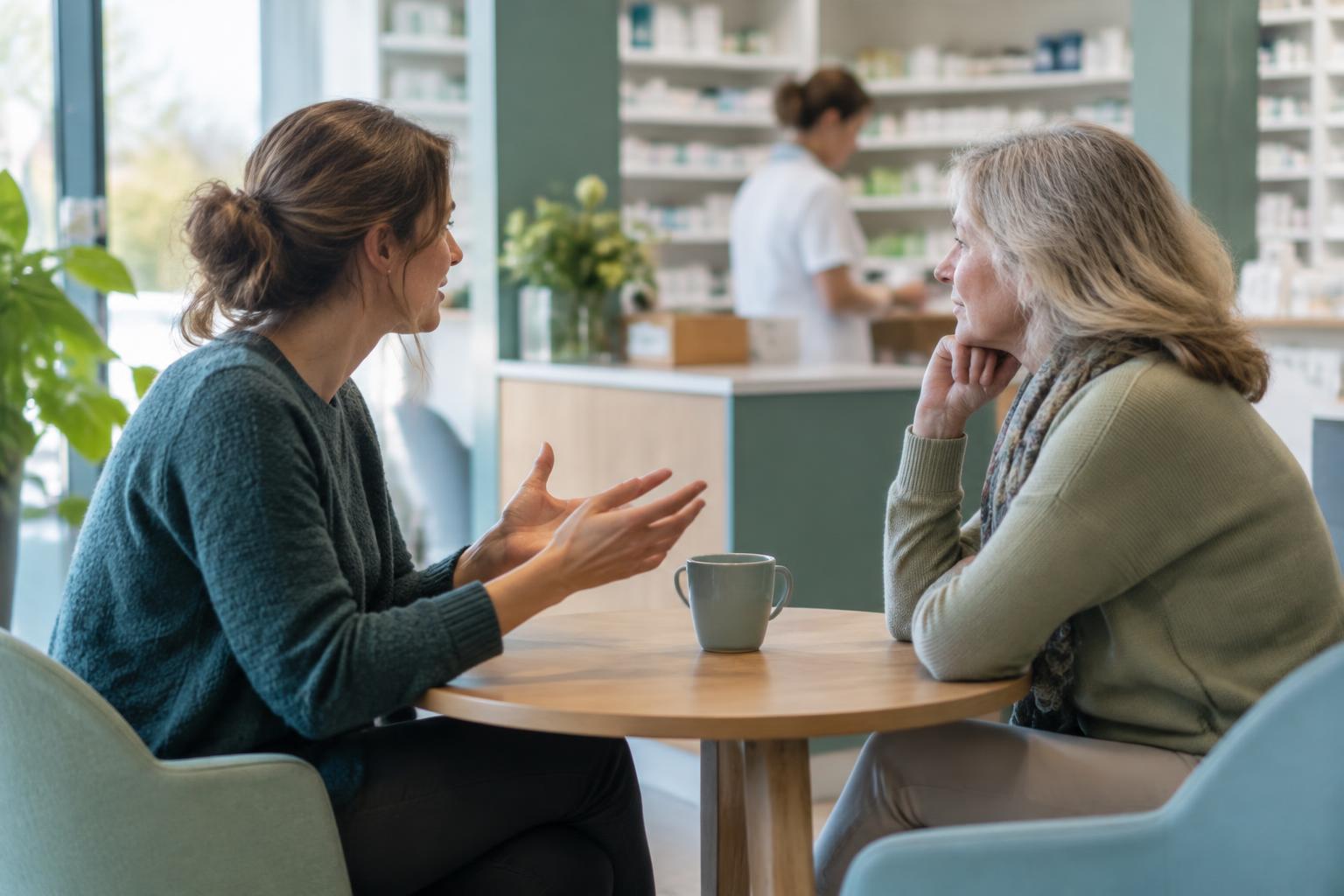 Twee mensen voeren een aandachtig gesprek in een apotheek