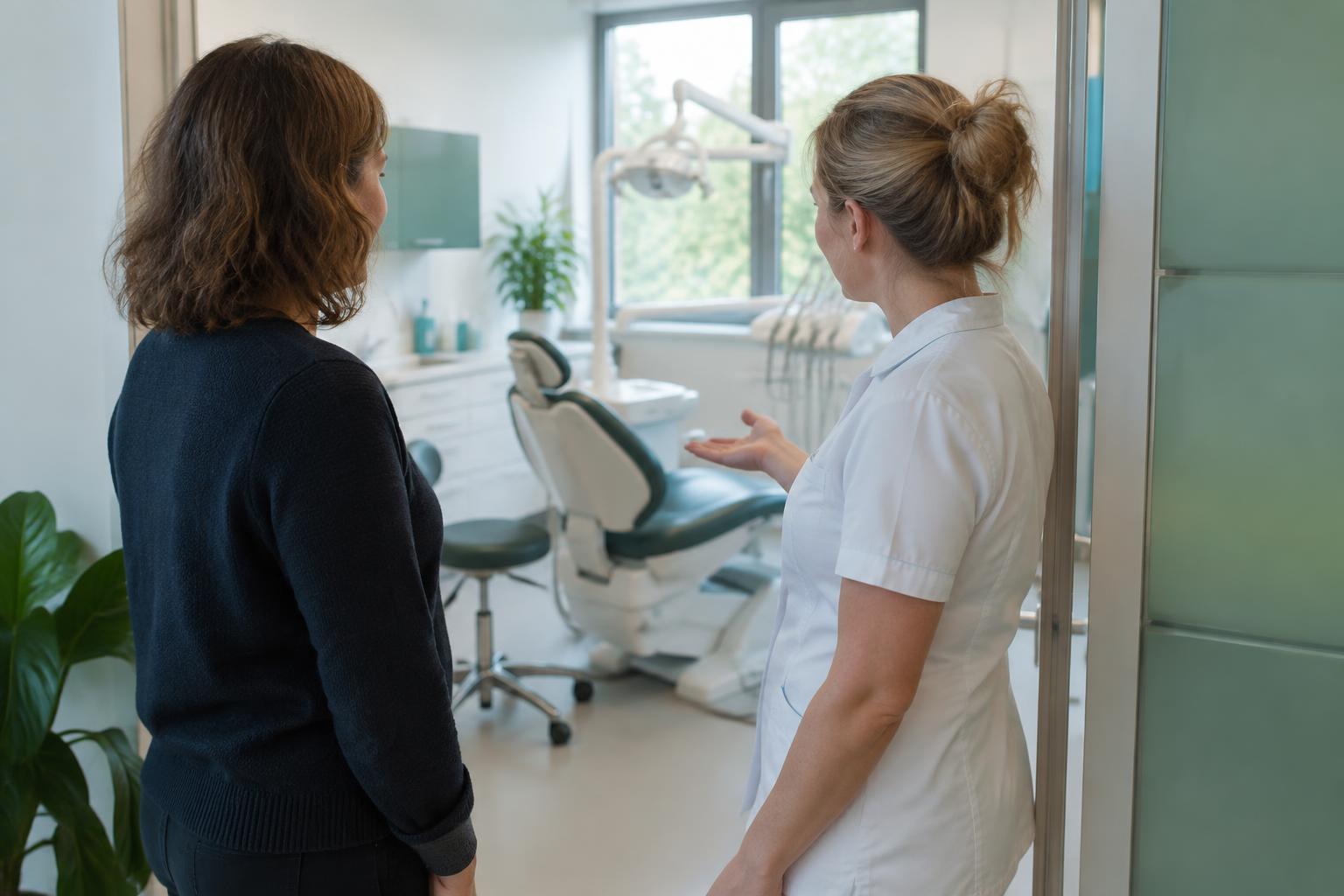 Auditor en tandartsassistente in gesprek in een behandelkamer