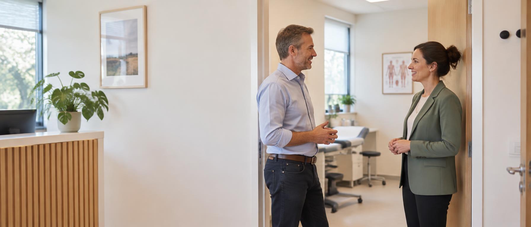 Auditor en huisarts in een gelijkwaardig gesprek in de deuropening